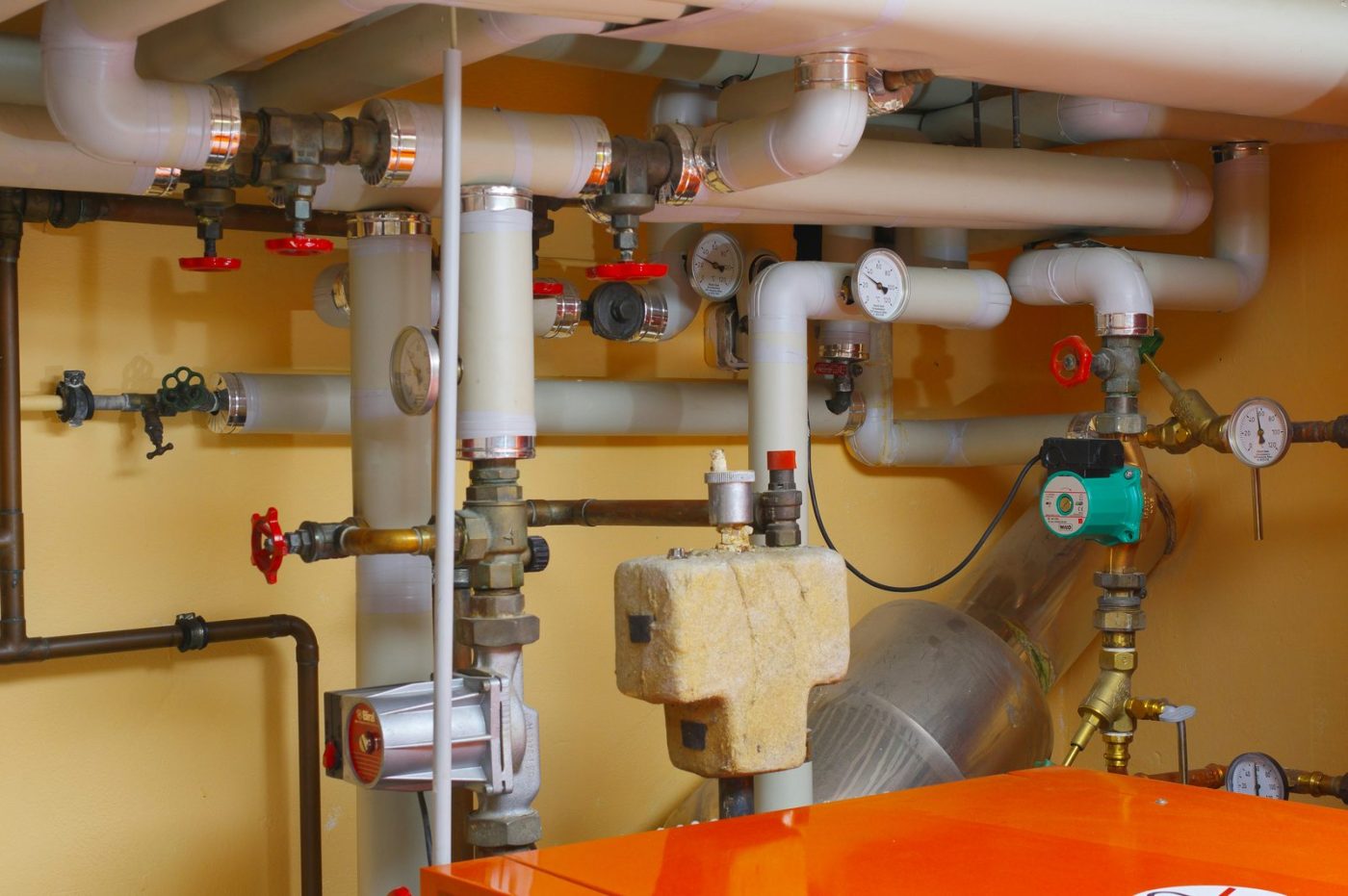 Pipework with valves and pressure gauges